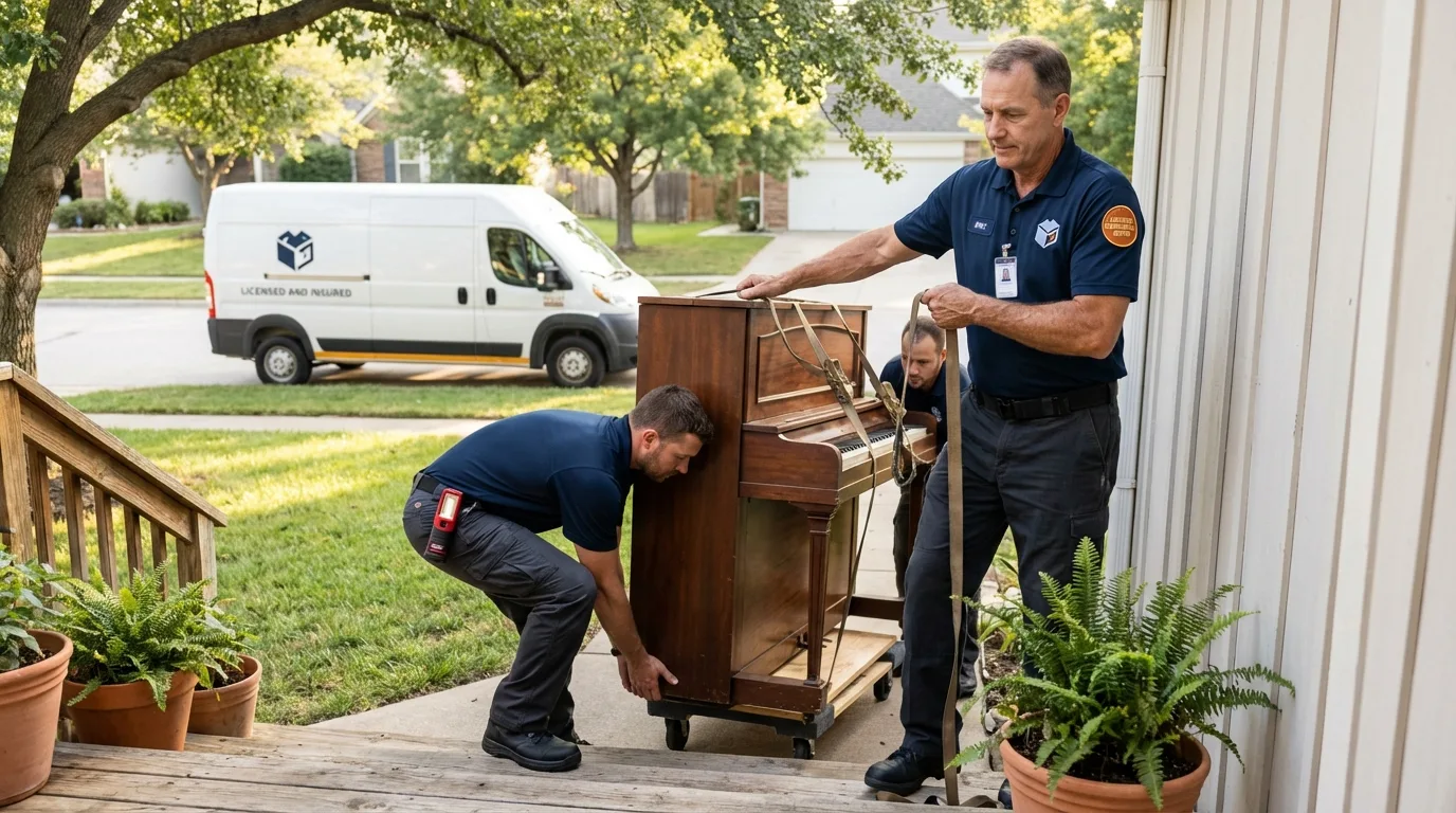Licensed piano movers securing grand piano in Columbus, OH