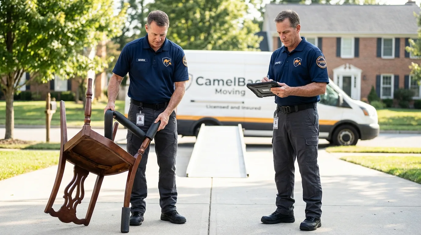 Movers inspecting furniture for damage prevention before loading in Columbus, OH