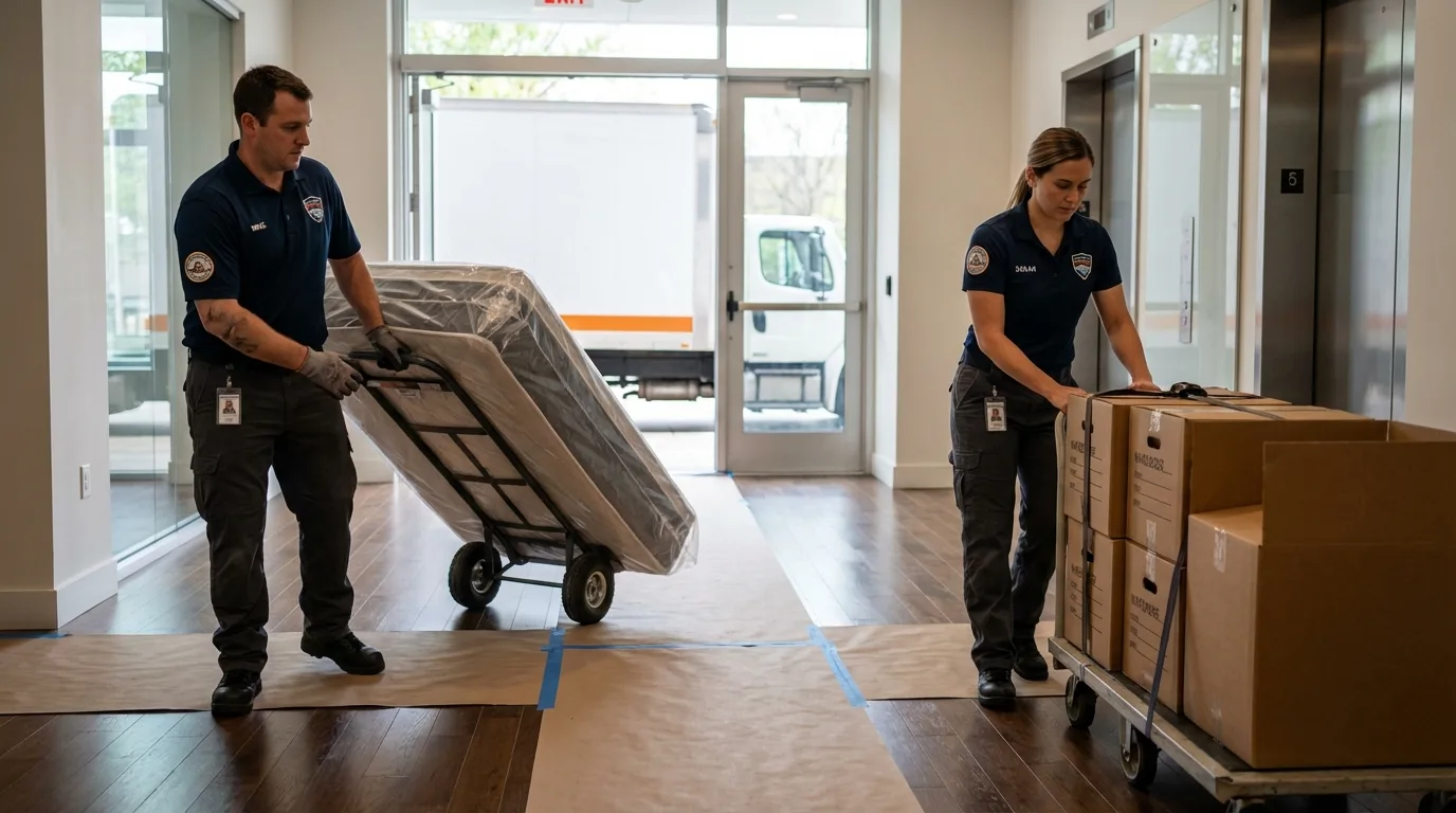 Professional apartment movers loading elevator in Columbus, OH
